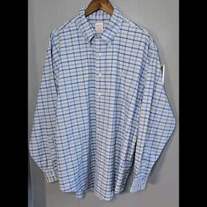 Brooks Brothers Shirt Cotton Non-Iron Light Blue Checkered Size XL Long Sleeve